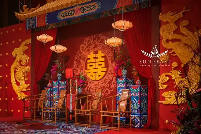 中式婚礼父母座位中式囍背景墙
