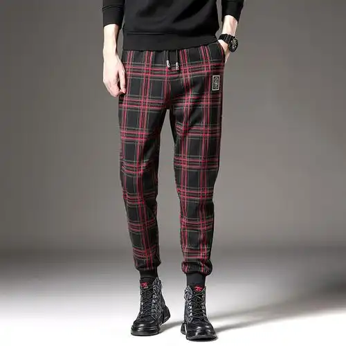 高端格子休闲裤男士春秋秋季宽松运动轻奢哈伦休闲裤