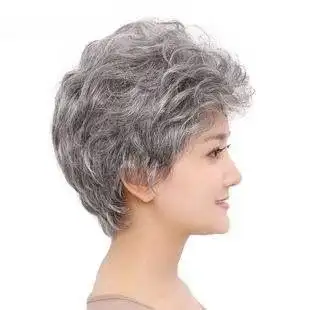 老年人假发女短发妈妈短卷发自然花白发老奶奶70岁老太太假发头套