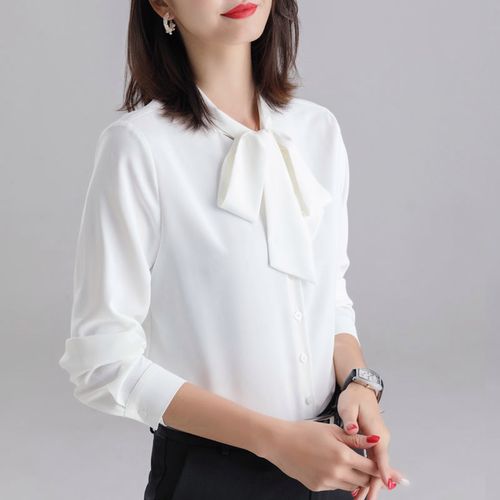 蝴蝶结衬衣女长袖夏季薄款白色上衣高端职业装气质飘带雪纺白衬衫