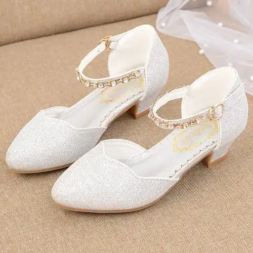 女孩子舞台水晶鞋 儿童高跟鞋 银色 学生模特走秀演出皮鞋 女童公主鞋