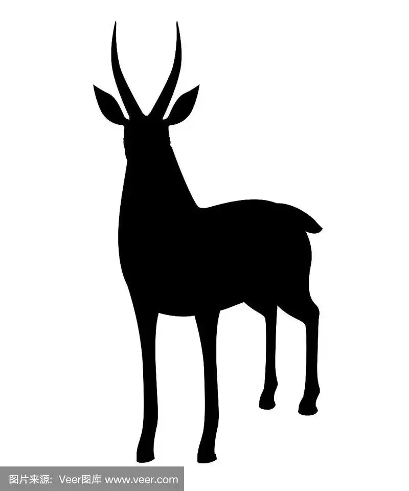 黑色剪影非洲野生黑尾瞪羚长角卡通动物设计平面矢量插图在白色背景前