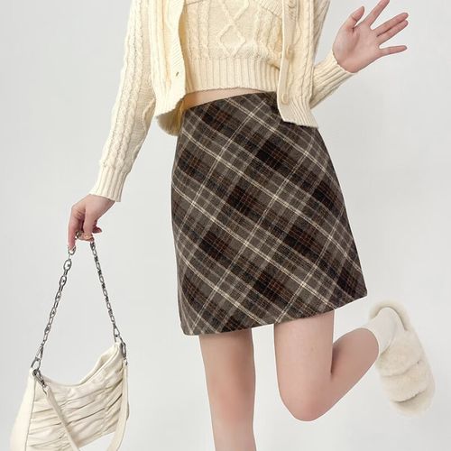 呢半身裙秋冬复古短裙女高腰a字臀裙梨形身材 卡其色 s 建议85-95斤穿