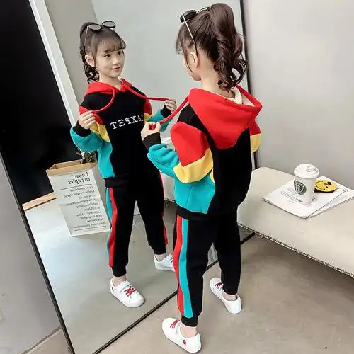 网红女童秋冬装拼色套装202新款韩版6岁女孩卫衣运动儿童超洋气8