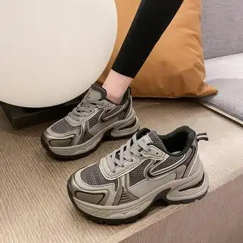 2024新款春款欧洲站老爹鞋银色同款韩版休闲鞋系带网面网红跑步鞋