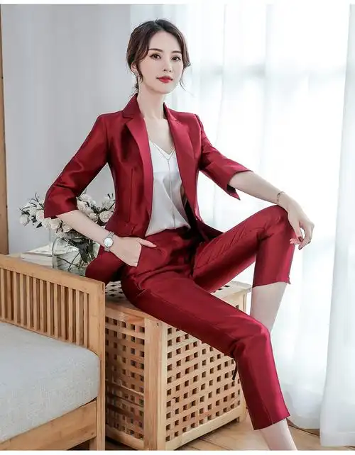 职业装女2019新款女春秋装时尚英伦风红色西装套装商务正装美容师_券
