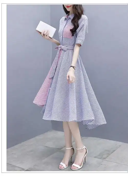 优选服饰连衣裙2019春夏季新品女装不规则时尚拼接立领修身绑带裙子