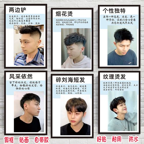 男士发型简介发廊海报理发店墙面装饰画美发店新款墙画卷发造型图