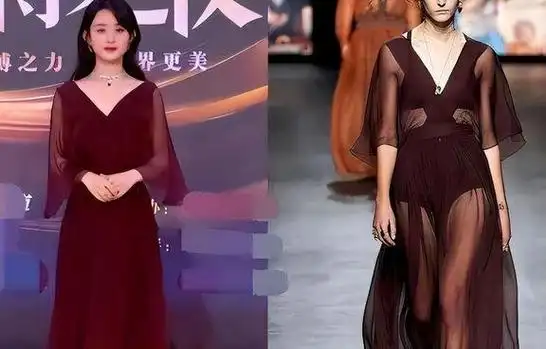 迪丽热巴之前穿过的一件礼服,与之前相同,它也是深v领口,开到小腹