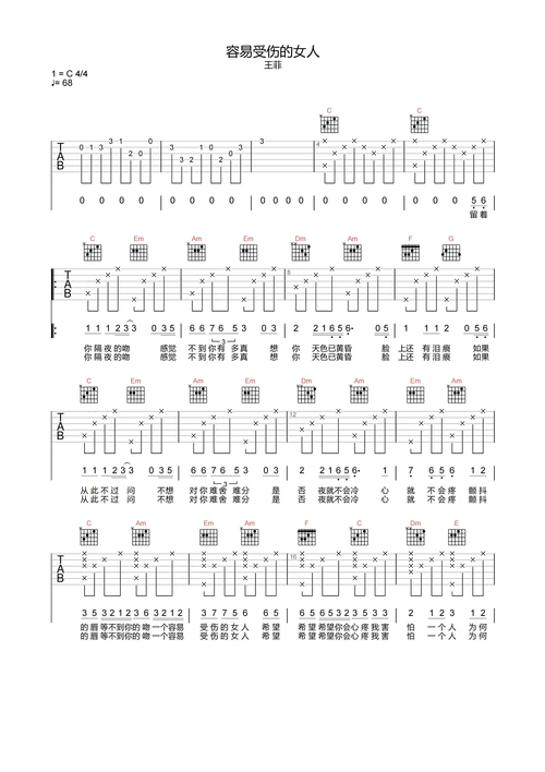 容易受伤的女人吉他谱-王菲-c调国语原版-附pdf图片谱