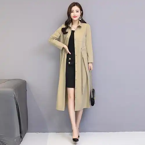 女士春秋新品韩版中长款女士风衣休闲长款过膝宽松大码外套秋季薄