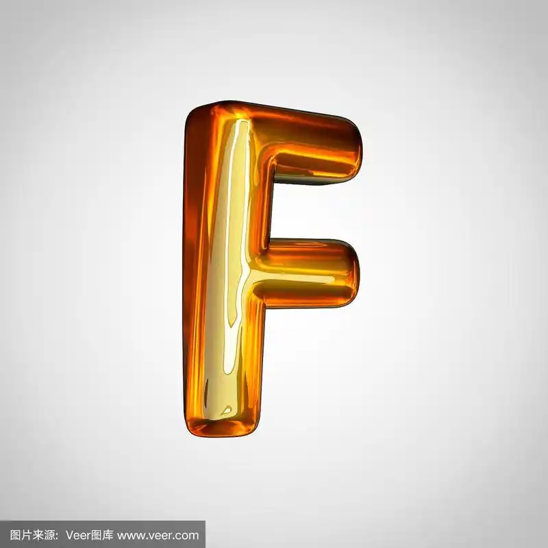 金色的大写字母f,火焰反射,白色背景