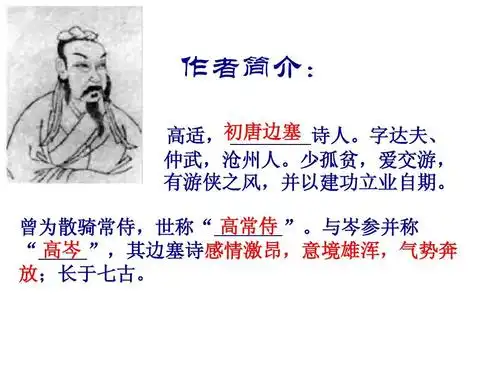 作者简介: 高适,初唐边塞 诗人.字达夫, 仲武,沧州人.