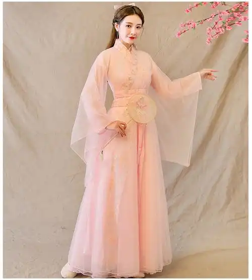 阿亨毕业成人礼汉服女小品古筝演出服学生汉服仙女古装粉色飘逸超仙