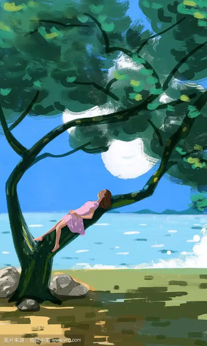 夏天海边树荫下乘凉的女孩插图