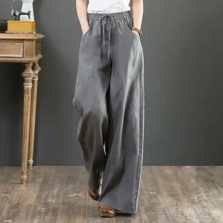 文艺复古风阔腿裤女士亚麻裤子高腰宽松紧腰.文艺复古风阔腿裤女 - 抖