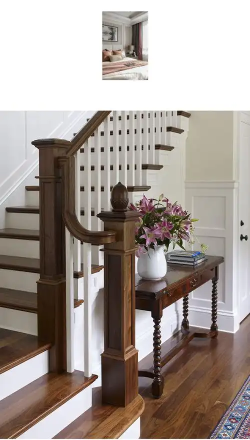 2022新款楼梯扶手实木楼梯定制原木旋转家用红橡木扶手踏步板美式别墅