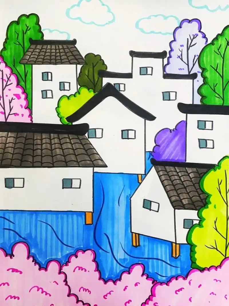 江南水乡儿童画 #卡通画# #马克笔# #儿童画# #江南水乡创意画