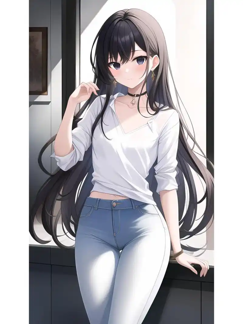 牛仔裤长发飘逸阳光女孩,动漫二次元绘画