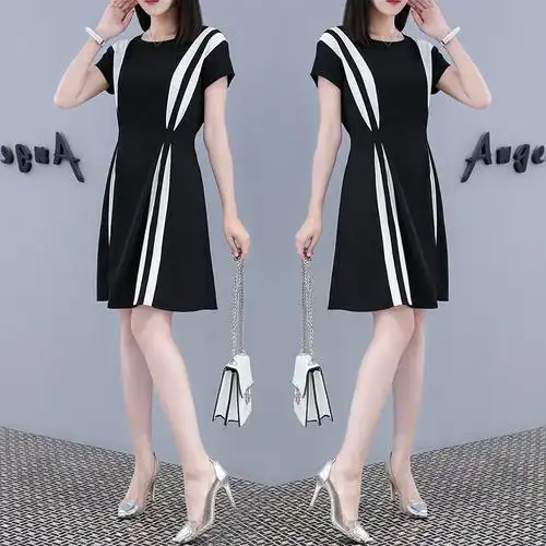 2018新款夏季韩版女装时尚中长款黑白拼接收腰显瘦气质雪纺连衣裙