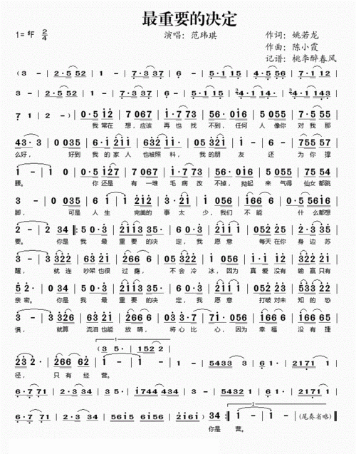 范玮琪最重要的决定简谱