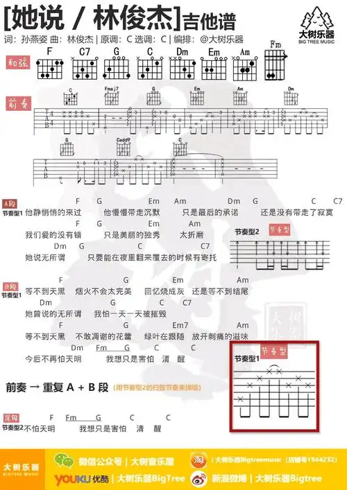 她说吉他谱_林俊杰_c调弹唱谱_吉他演示 教学视频