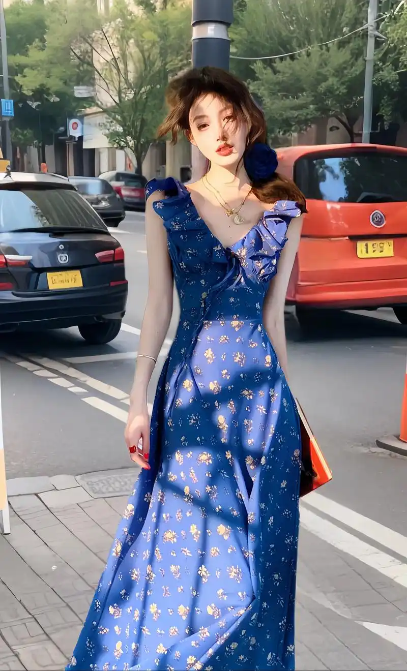 克莱因夏 法式荷叶边显白浪漫碎花连衣裙女2024夏季小众高级长裙!