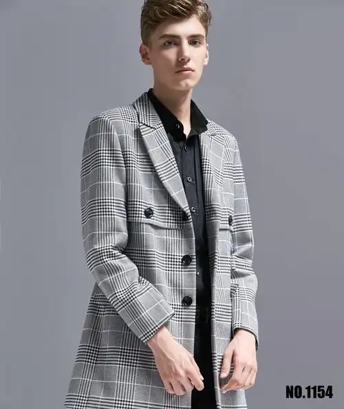 gorankadi潮牌新品中长格子西装男2019春秋新款单排扣帅气格纹西服