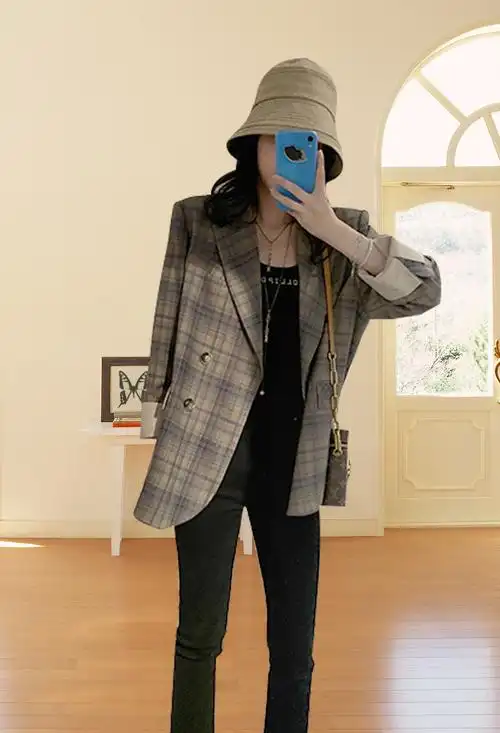 春秋新款复古格子小西西装外套女格纹韩版显瘦西装