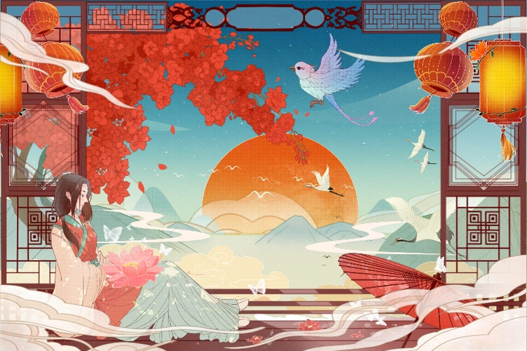 古风花下少女手绘风横版插画