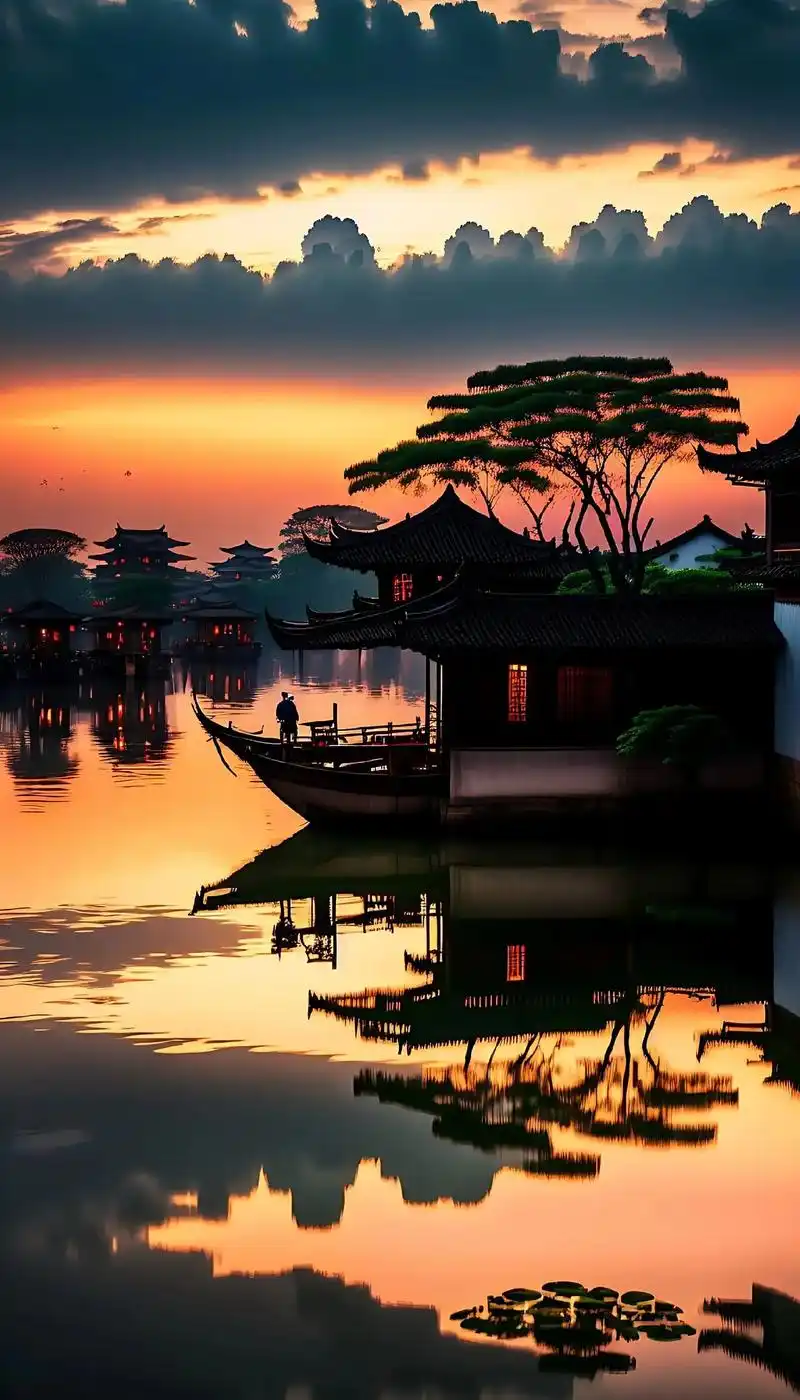江南水乡美景,夕阳之下,天气晴朗,天空有云,房屋和树木,湖水 - 抖音