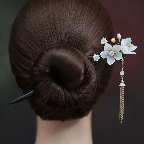 黑檀木簪子手工玉簪花汉服古装岫玉古风并蒂百合花古典发簪盘挽发并蒂