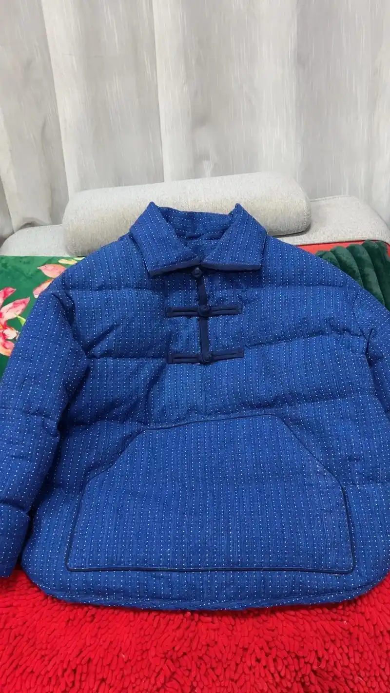 提花土布之套头款鹅绒外套,这个大口袋真的超级舒适