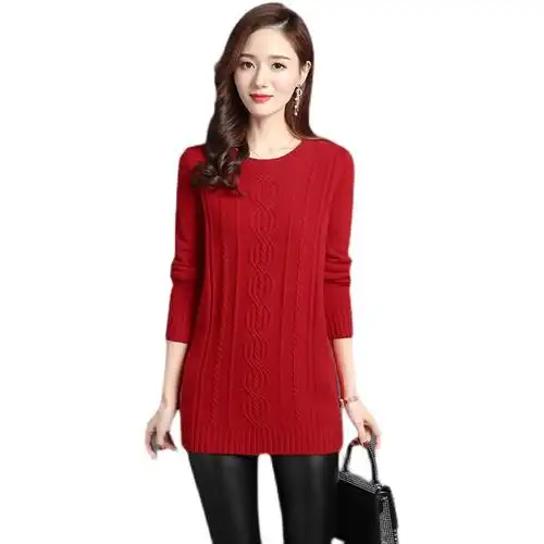 打底衫套头100纯羊毛衫女中长款妈妈装圆领大码秋冬新款毛衣款式