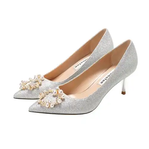 suntek婚鞋女2022秋季新款新娘婚纱鞋高跟鞋细跟伴娘结婚鞋子银色水晶