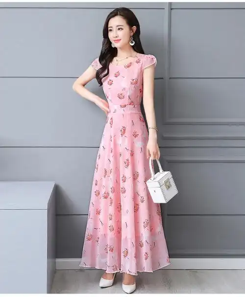 实拍雪纺连衣裙夏季修身显瘦2018短袖收腰印花长裙