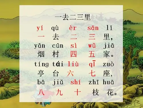了解古诗内容,初步感受童谣所表现的景色美,了解诗歌的字词读写拼音等