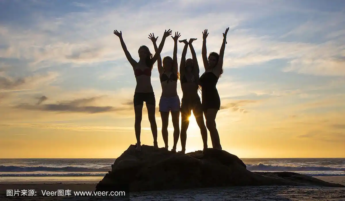 女人,海滩,自然美,四个人,摇滚手势