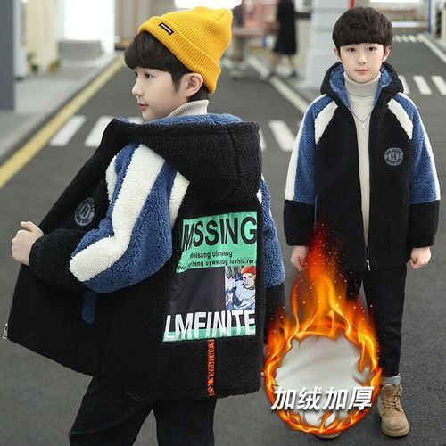 摇粒绒上衣男孩子连帽羊羔绒拉链 贴布毛毛衣黑色 110码建议身高100cm