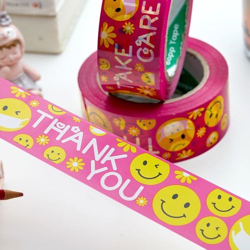 笑脸口罩封箱胶带thankyou快递打包封口胶纸卡通可爱个性胶布大卷