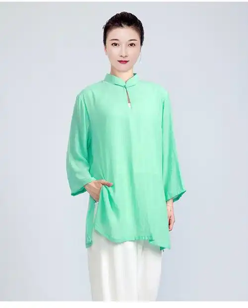 新款高端飘逸棉麻夏季太极拳练功服女夏天服装薄款粉色套装纱纱麻xxl