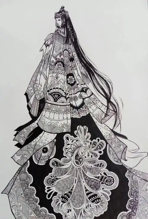 古风 黑白 线描 装饰画 插画 人物 作业