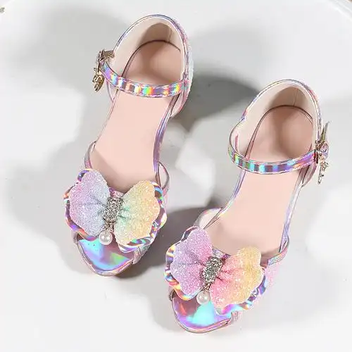 2023新款冰雪彩虹梦幻女童高跟鞋儿童公主凉鞋蝴蝶结童鞋水晶跟鞋