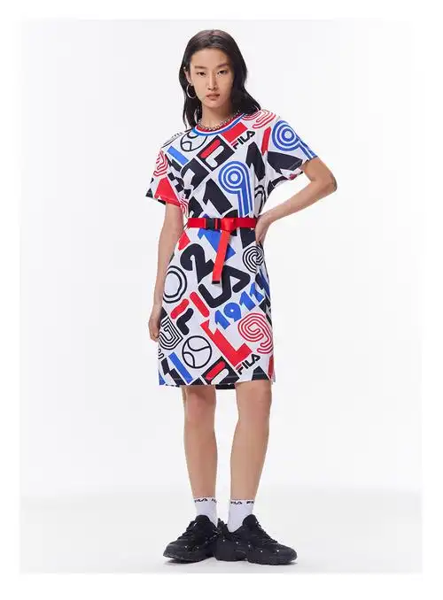 fila 斐乐女装官方女子连衣裙 2021年秋季新款运动休闲满印宽松连衣裙