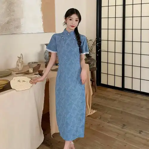 实拍现货#150小矮个子民国风改良新中式旗袍连衣裙夏季a字中长款 - 17