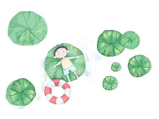 彩色手绘卡通荷叶荷塘男孩游泳游泳圈夏天元素png素材