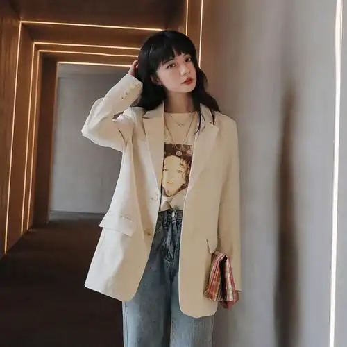 高级米色春秋西装外套女设计感小众韩版宽松英伦风休闲小个子西服套装