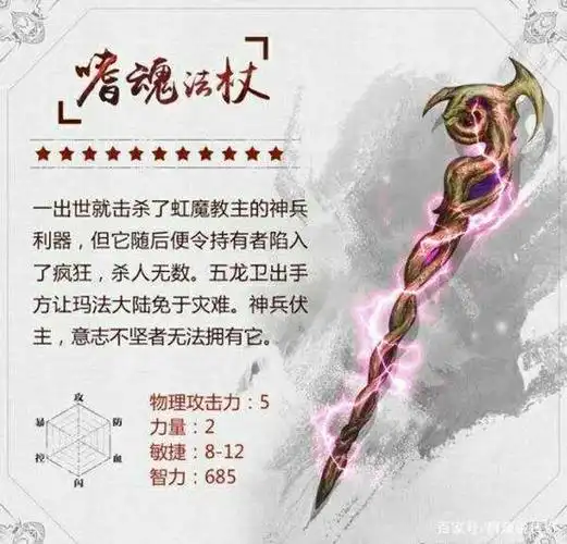 嗜魂法杖是《传奇》中法师职业专属传统武器,基础属性非常强悍,各项