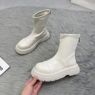 fagelixiu靴子女短靴新款春秋单靴潮酷瘦瘦英伦薄款马丁靴秋季白色36