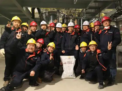 (鼎盛锂业员工与第一袋碳酸锂产品合影)